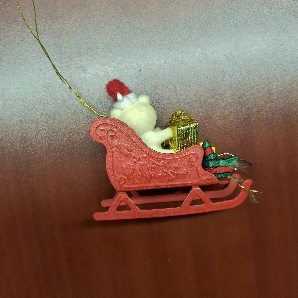 Russ Berrie Vintage Red Metal Sleigh With Teddy Bear And Gifts 1980s Ornament